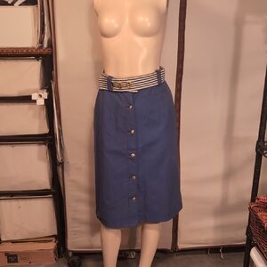 Vintage Blue Button-Front Skirt with Striped Belt